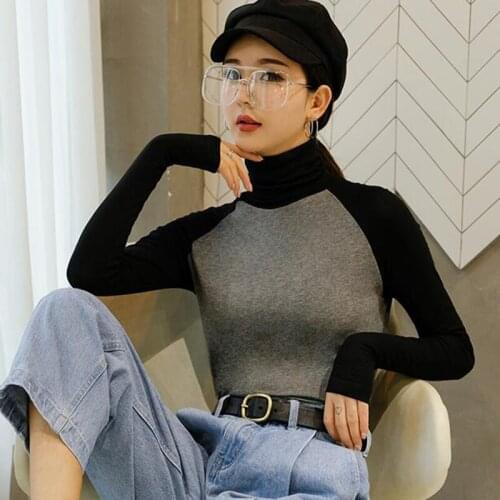 Autumn Women T Shirt Harajuku Patchwork Slim Turtleneck Long Sleeve Tshirt Lady Female Elasticity Tee Cotton T-shirt Tops 2019