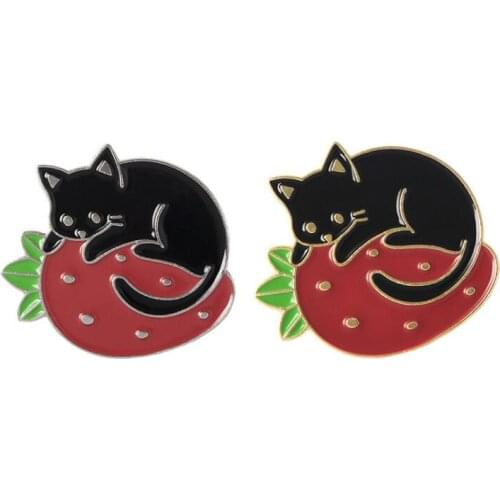 Punk Beautiful Dark Starry Sky Magic Enamel Brooches Cute Animals Sleepy Creative Strawberry Cat Brooch Badge Gift for Friends