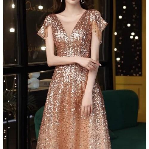 Luxury Gold Prom Dresses Tassel Sleeves O-Neck Long A-line Bling Beading Sequins Banquet Wedding Guests Celebrity Evening Gowns