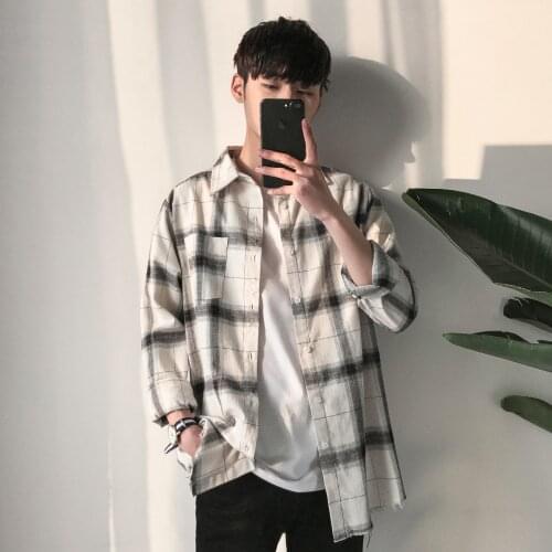 Men Hip Hop Plaid Shirts 2021 Male Korean Fashion Streetwear White Shirt Male Loose Vintage Oversized Shirt Clothing