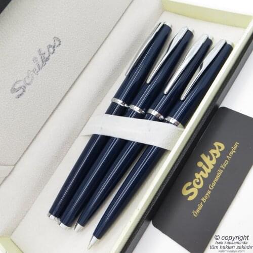Scrikss 33 4'lü Set Navy Blue | Fountain Pen + Roller Pen + Ballpoint Pen + Versatil Pen Set | İsme special Pen | Gift Fort