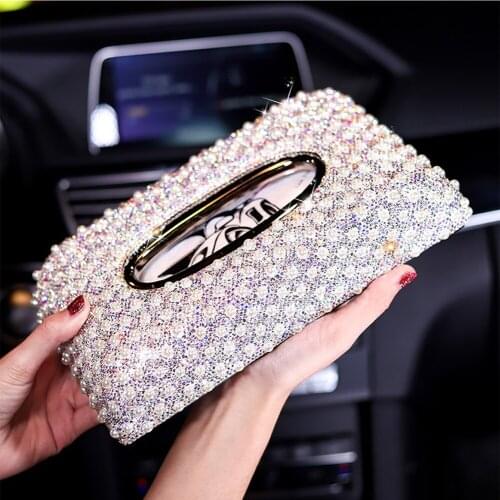 Bling Bling Rhinestone Pearl Crystal White Handmade Diamond Crystal Interior Accessories for Car Decor Tissue Box