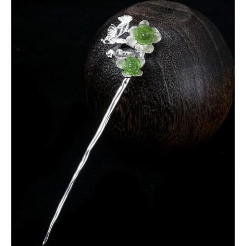 S925 Sterling Silver Jasper Hair Stick Butterfly Flower Chinese Ancient Hairpin Wedding Fine Jewelry Luxury Hair Accessories