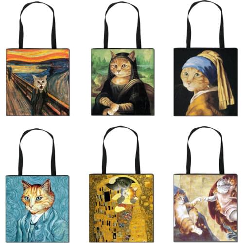 Funny Cat Cosplay Mona Lisa Print Women Oil Painting Cat Tote Bags Fashion Handbag High Capacity Canvas Ladies Shopping Bag