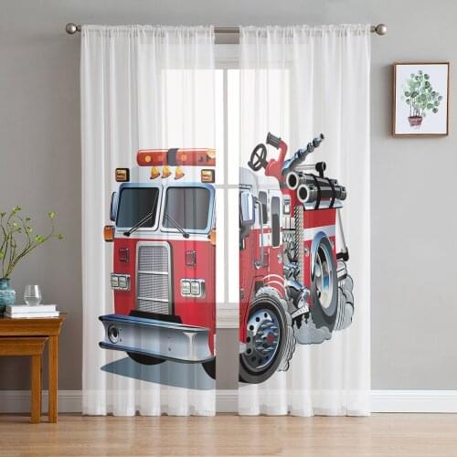 Cartoon Red Fire Truck White Print Sheer Window Panel Curtains Room for Living Room Bedroom Kitchen Room Chiffon Tulle Curtains