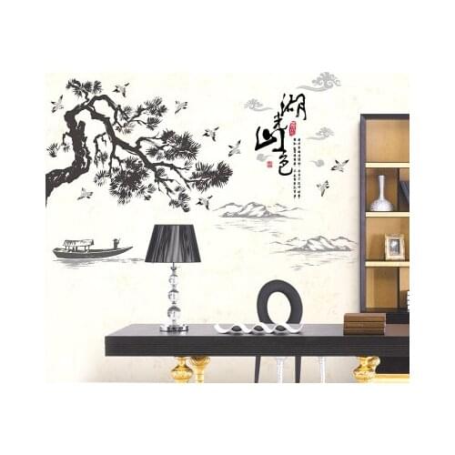Chinese Style Pine Vinyl Wall Sticker Tree Stickers Living Room Vintage Poster Home Decor Birds Wall Decals Mural Wallstickers
