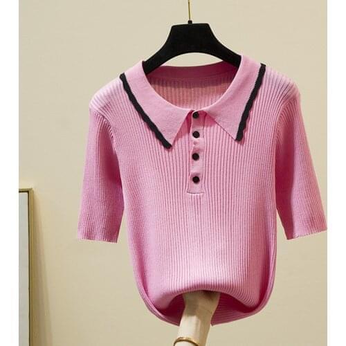 Summer Thin Knitted T Shirt Women Short Sleeve Pink Slim Pactwork Tshirts Femme Korean Fashion T-shirts Tees Tops Woman Clothes