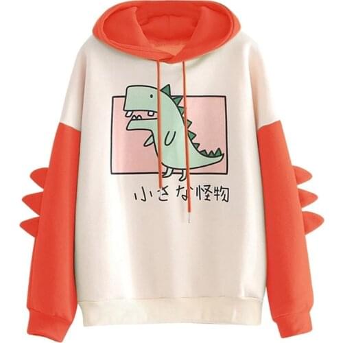 Oversize 2xl Women Hooded Sweatshirts 2021 Spring Long Sleeve Cartoon Dinosaur Print Drawstring Hoodies Kawaii Cute Loose Tops