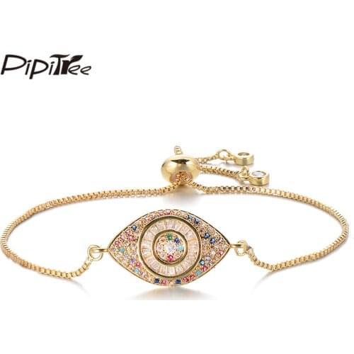 Pipitree Cubic Zirconia Evil Eye Charm Bracelet Female Multicolor Copper Slider Chain Bracelets for Women Hip Hop Jewelry Gift