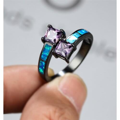 Purple Square Stone Promise Love Engagement Ring Boho Female Blue Fire Opal Ring Fashion 14KT Black Gold Wedding Rings For Women