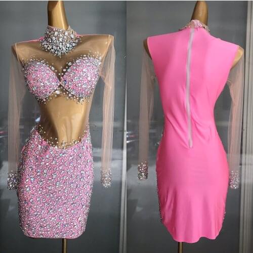 Sparkly AB Rhinestones Pink Transparent Dress Women Birthday Celebrate See Through Stones Outfit Dancer Dress
