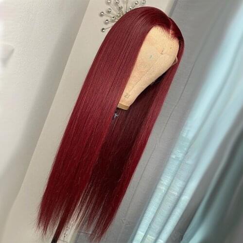 Burgundy Straight 26 Inch Lace Front Wig For Black Women Human Remy Hair With Babyhair Preplucked Brazilian Deep Middle Part