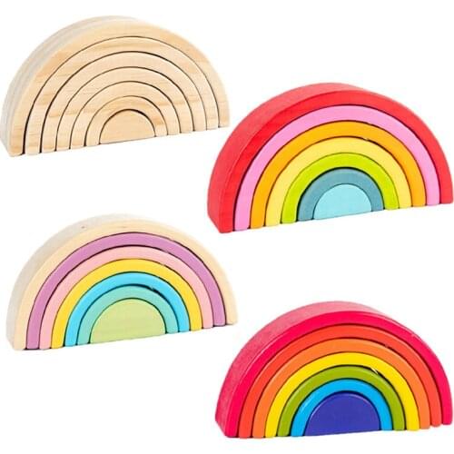 7Pcs/set Wooden Rainbow Blocks Stacking Game Macaron Rainbow Block Wood Rainbow Stacker for Kids MontessorI Educational Toys