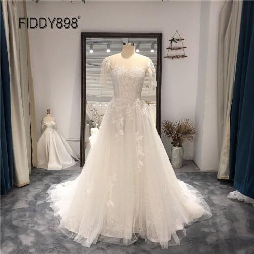 Elegant Lace Wedding Dress Boho 2021 Shining Beaded Scoop Short Sleeves Lace-up Back Bride Wedding Gown Bridal Dresses