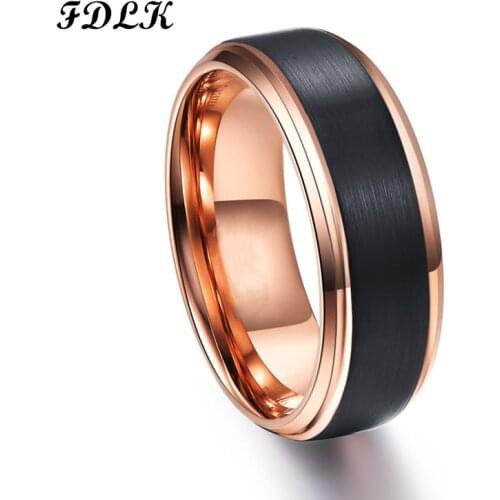 FDLK New Fashion 8mm Rose Gold Stainless Steel Ring Surface Black Brushed Wedding Band Unisex Men and Women Promise Jewelry Gift