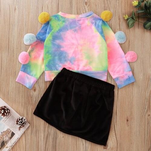 40# Costume For Baby Girls Rainbow Long-sleeved Tie-dye Printing Wool Ball Pullover Sweater Top + Solid Color Skirt Suit