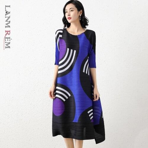 LANMREM 2021 Women Pleated Dress Lady Printed Dress Half Sleeve Summer Dresses Elegant Female Streetwear Style 2A3407
