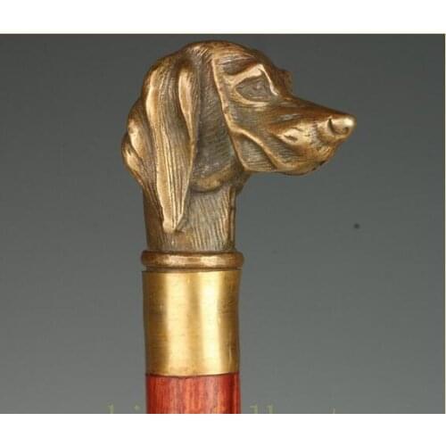 Brass Pure Copper Brass Grandpa Good Lucky ORIENTAL WOOD, BRASS STATUE DOG CANE WALKING STICK CRUTCH FOLDING CHINESE HAND