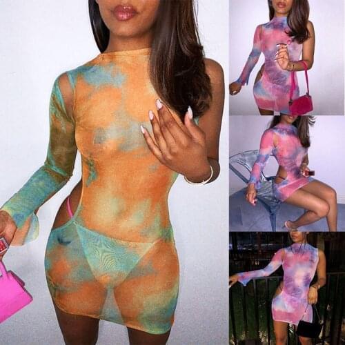 Fashion Printed Net Yarn Perspective Sexy Hollow Round Neck Unilateral Sleeve Dress