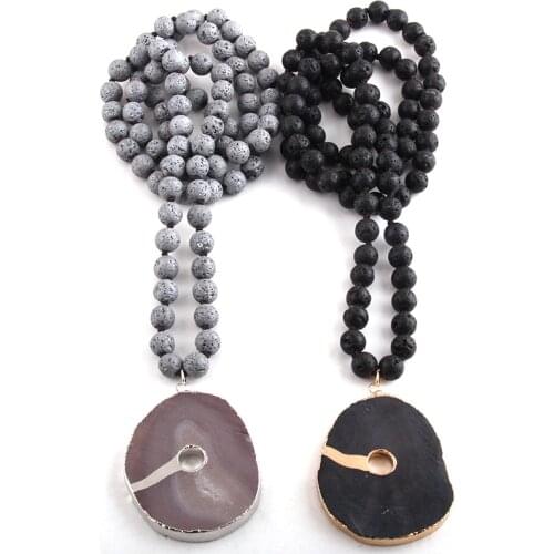 Fashion Bohemian Tribal Jewelry Lava Stone Long Knotted AegatStone Pendant Necklaces D