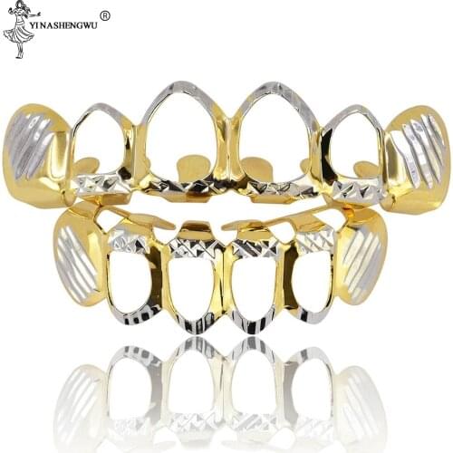 Hip Hop Hollow TeethGrillz GANGSTER Bling Gold TeethGrillz Top Bottom Grills Set Silicone Vampire Teeth Body Jewelry For Men New