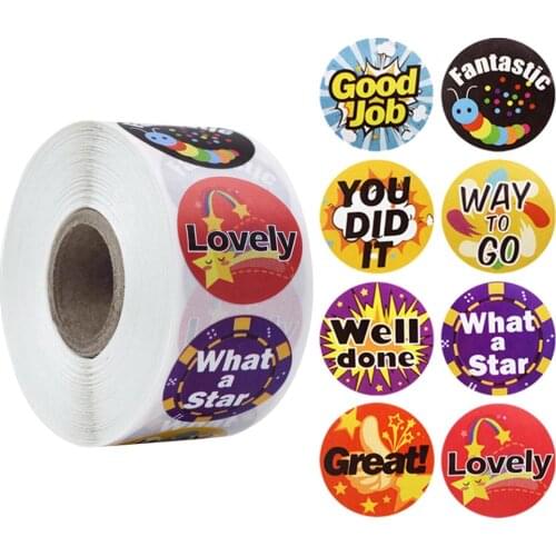 Cartoon Words Reward Sticker 8 Design Patterns Seal Labels Sticker for Kids School Praise Students 500pcs Waterproof Stickers