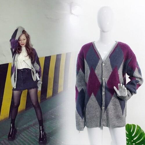 Kpop 4Minute Kim Hyun A 2021 new retro fashion Rhombus plaid long-sleeved sweater women autumn warm streetwear cardigan sweaters
