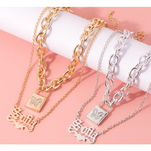 Zircon Lock Butterfly Necklaces for Women Old English Hip Hop Gothic Gold Color Double Layer Pendant Necklace Fashion Jewelry