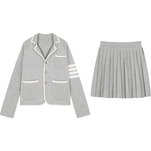 PERHAPS U Women Knitted Blue Pink Gray Two Pieces Set Pleated Skirt Cardigan Chic Elegant T0446