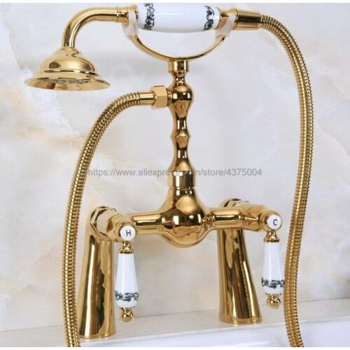 Polished Gold Brass Shower Faucet Deck Mounted Double Handles Bathroom Shower Mixer Faucet with Hand Shower Nna139