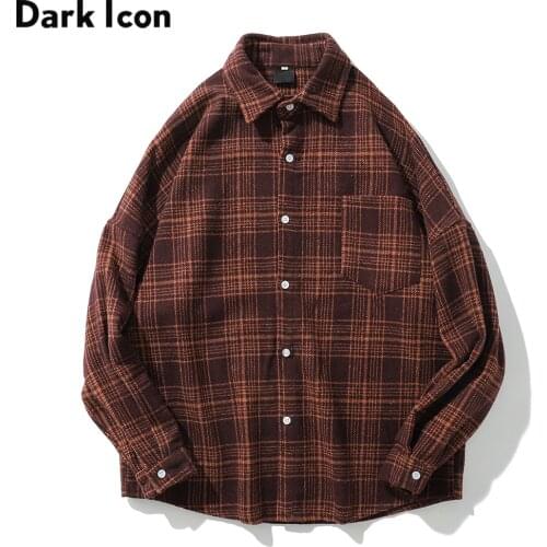 Dark Icon Woolen Thick Shirt Men Women Turn-down Collar Plaid Jacket Outwear Mens Jackets