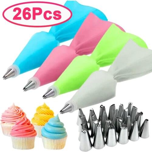 8/26Pcs/Set Silicone Pastry Bag Tips Kitchen Cake Icing Piping Cream Cake Decorating Tools Reusable Pastry Bags+24 Nozzle
