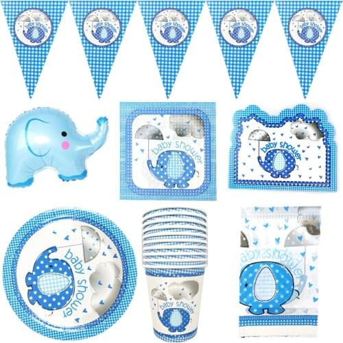 Blue Elephant Tablecloth Napkins Baby Shower Invitation Decora Flags Cups Plate Boys Favors Banner Birthday Party Balloons 63PCS