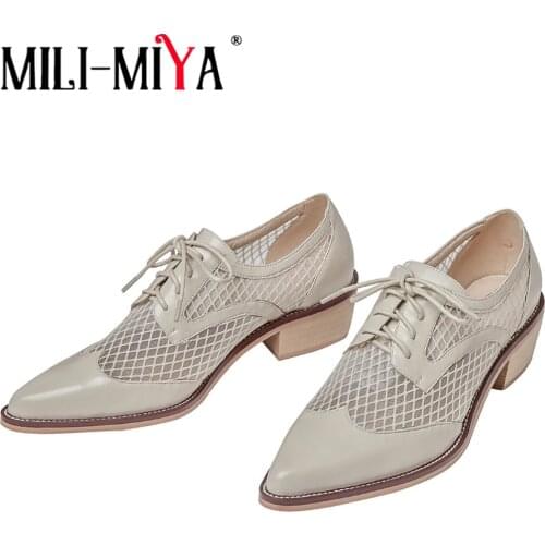 MILI-MIYA Fashion New Comfortable Cross Tie Square Heel Pumps Sexy Pointed Toe Genuine Leather Mesh Hollow Out Daily Life Shoes