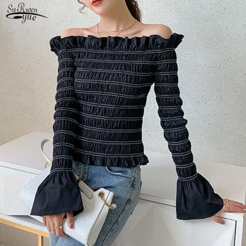 Blusas Mujer 2020 Autumn New French Flare Sleeve Blouse Short Romantic Elegant Mesh Off-the-Shoulder Ruffle Shirt Female 11278