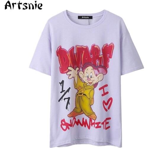 Artsnie purple cartoon print disney t shirt women summer o neck short sleeve oversized tops streetwear vintage ladies t-shirts
