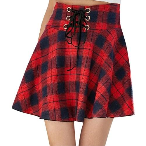 Women Fashion Florals Print Long Skirt Female Fashion Women Casual Plaid Print A-Line Lace Up Bandage High Waist Short SKirt