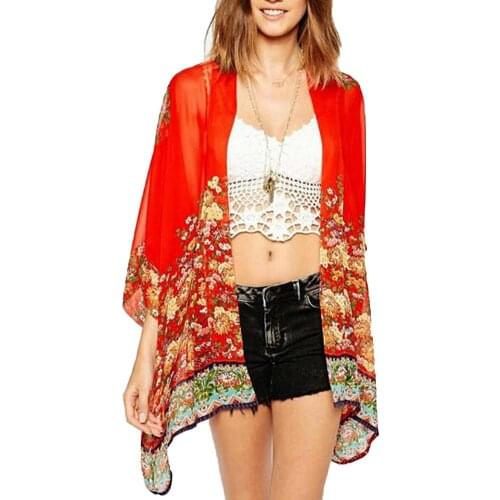 Women Floral Chiffon 3/4 Sleeve Front Open Coverup Sheer Blouse Anti-UV Cardigan