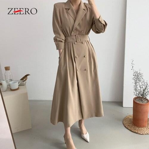 Autumn Winter Ladies Kahki Noched Collar Long Trench Coat Women Casual Black Double Breasted Sashes Loose Windbreaker Overcoat