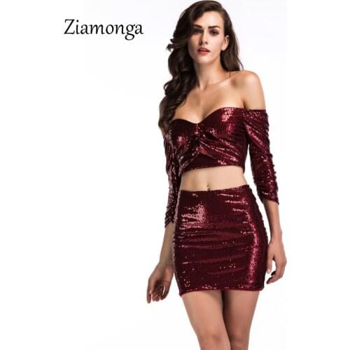 Ziamonga Autumn Two Piece Set Sexy Sequin Dress Women Casual Glitter Bandage Dress Women Clothing Vestido Backless Clothes Women