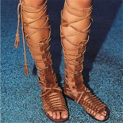 2020 Rome Sandals Women Knee High Boots Sandals Retro Bohemian Cross Tied Summer Casual Flats Shoes Casual Chaussures Femme