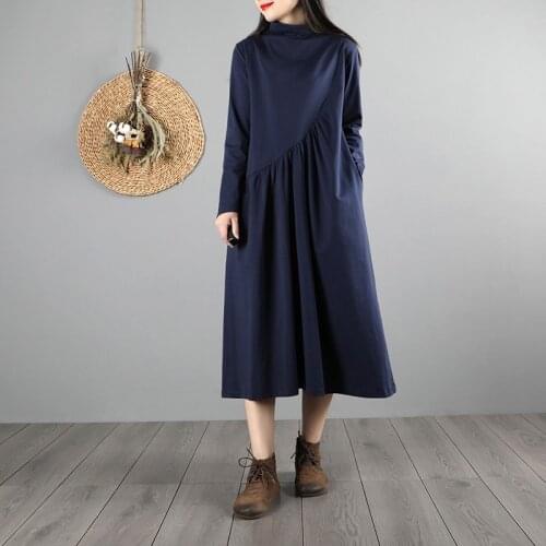 2020 Women Vintage Chinese Style Dress Lady Elegant Long Dresses Female Solid Color Loose Casual Retro Robe Vintage Femme 11856