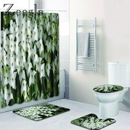 Zeegle Printed Bath Mat and Shower Curtain 4Pcs Toilet Cover Foot Pad Non-slip Absorbent Bathroom Door Mat Flannel Soft Bath Rug