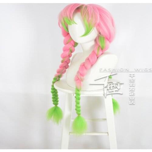 Anime Demon Slayer Kanroji Mitsuri Cosplay Wigs Kimetsu No Yaiba Long Pink Mix Green Braid Hair + Free Wig Cap