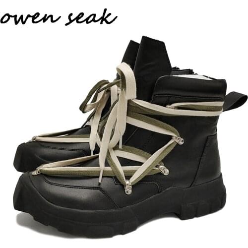 Owen Seak Men Boots Genuine Leather High-TOP Ankle Boots Luxury Trainers Casual Lace-up High Street Zip Flats Autumn Shoes