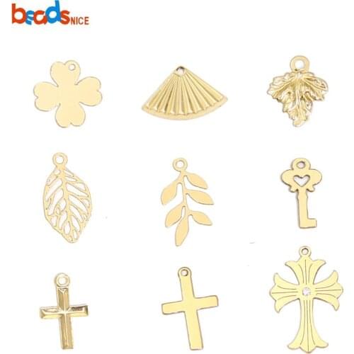 Beadsnice Tiny Leaf and Cross Pendant Charms Gold Filled Key Charm for Bracelet Making Wholesale Jewelry Components ID39894
