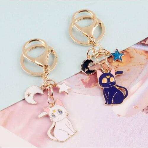 New Handmade Oil Dripping Moon Cat Girl Car Key Chain Creative Cartoon Cute Couple Gift Bag Alloy Pendant Women Charm Key Ring