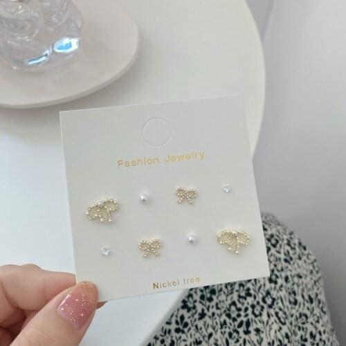 Fashion S925 Pearl Bow Earrings Set Geometric Temperament Earrings Tide Atmosphere Sweet Romantic Earrings