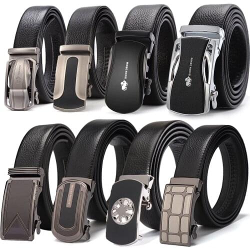 BISON DENIM Brand Men Belts Genuine Leather Real Cowskin Mens Belt Automatic Buckle Luxury Waistband Black DS007