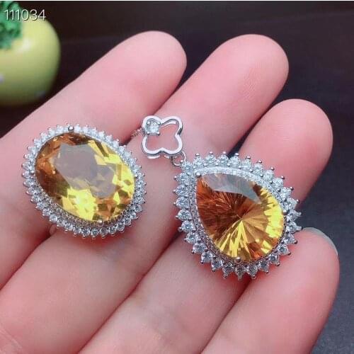 Elegant Engagement Gift Best Quality Real And Natural Citrine Set 925 Sterling Silver,1pc Citrine Ring,1pc Citrine Pendant